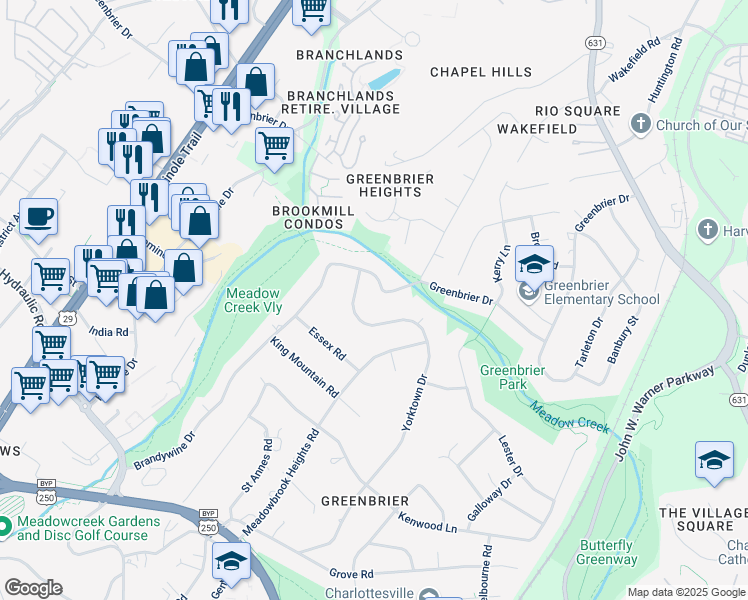 map of restaurants, bars, coffee shops, grocery stores, and more near 1827 Brandywine Drive in Charlottesville
