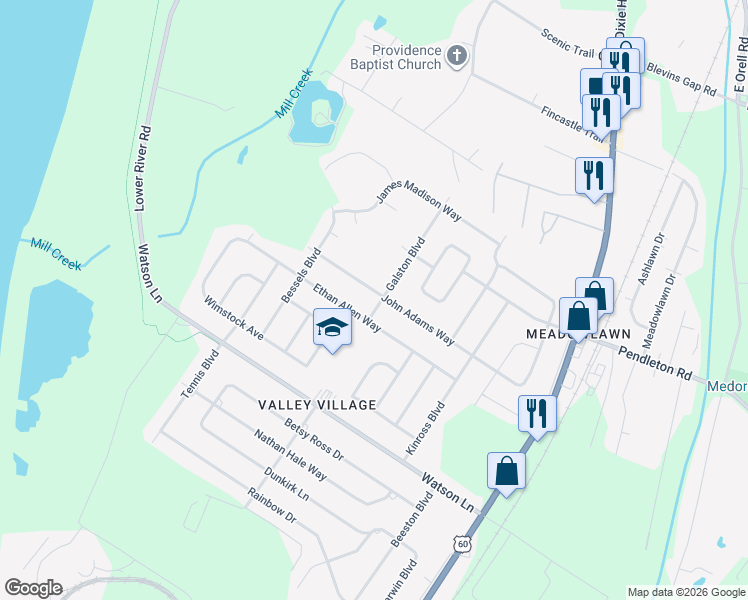 map of restaurants, bars, coffee shops, grocery stores, and more near 7006 John Adams Way in Louisville