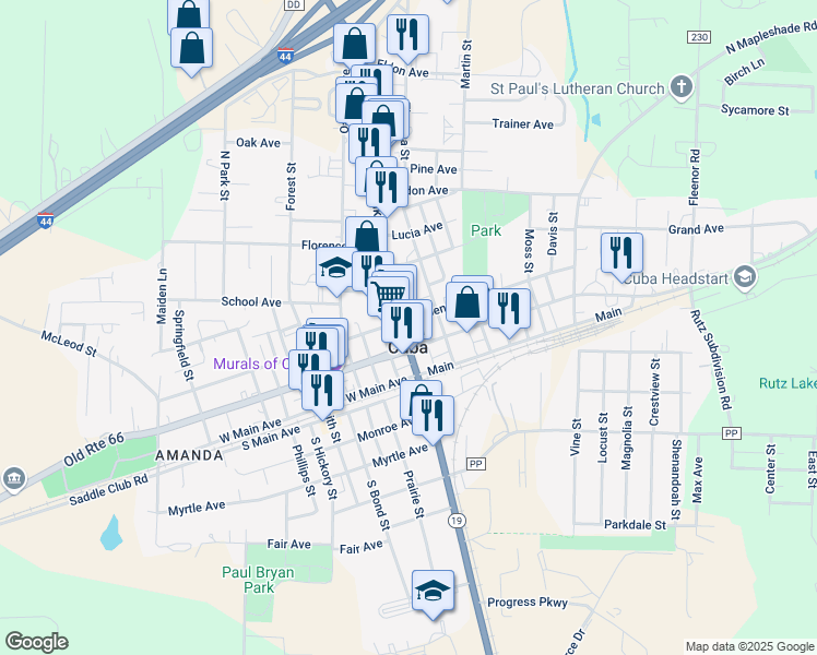 map of restaurants, bars, coffee shops, grocery stores, and more near 201 North Franklin Street in Cuba