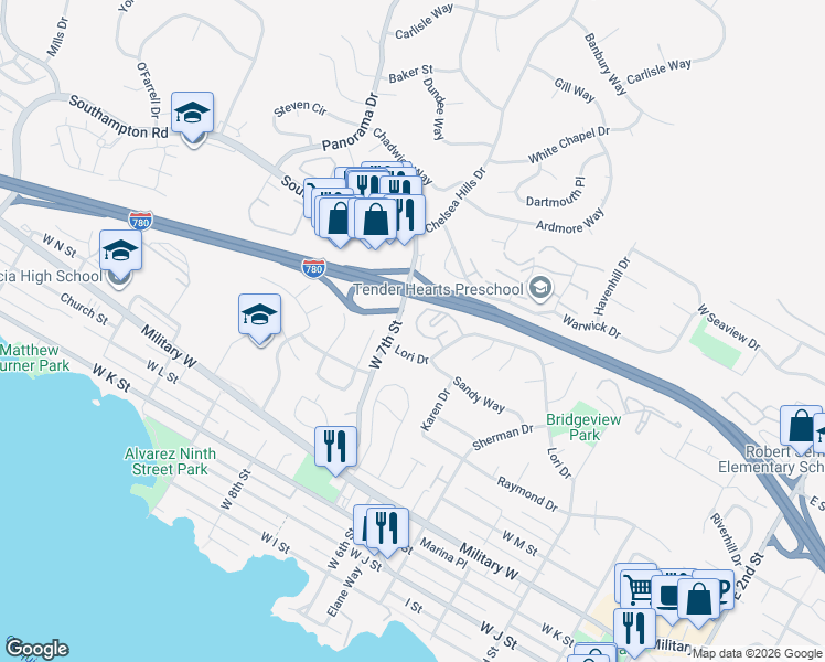 map of restaurants, bars, coffee shops, grocery stores, and more near 565 Lori Drive in Benicia