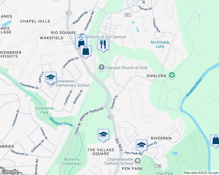 map of restaurants, bars, coffee shops, grocery stores, and more near 1635 Fowler Ridge Court in Charlottesville