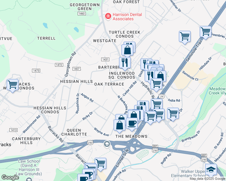 map of restaurants, bars, coffee shops, grocery stores, and more near North Berkshire Road in Charlottesville