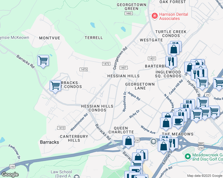 map of restaurants, bars, coffee shops, grocery stores, and more near 2300 Summit Road in Charlottesville