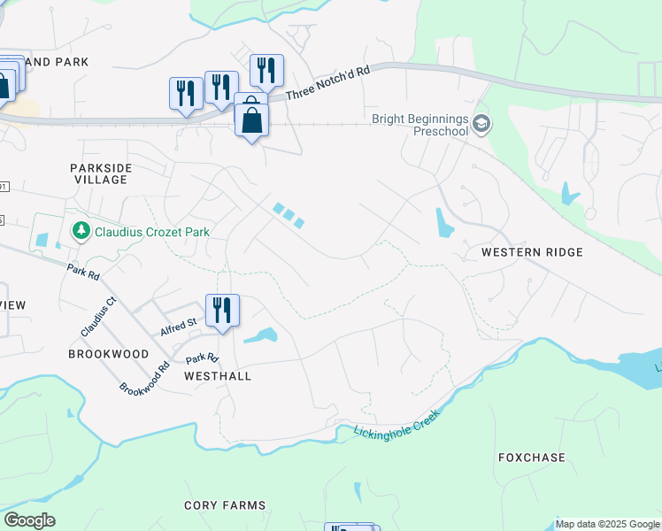 map of restaurants, bars, coffee shops, grocery stores, and more near 985 Park Ridge Drive in Crozet