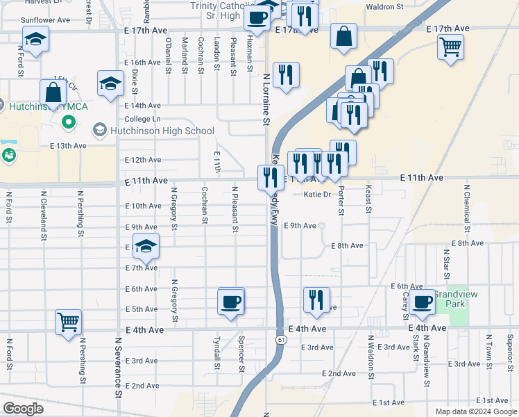 map of restaurants, bars, coffee shops, grocery stores, and more near 1310 East 10th Avenue in Hutchinson