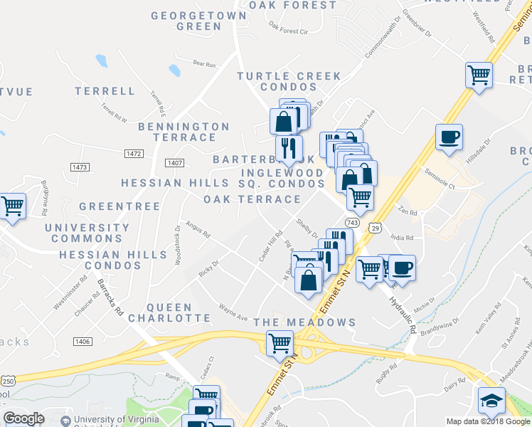 map of restaurants, bars, coffee shops, grocery stores, and more near 2308 North Berkshire Road in Charlottesville