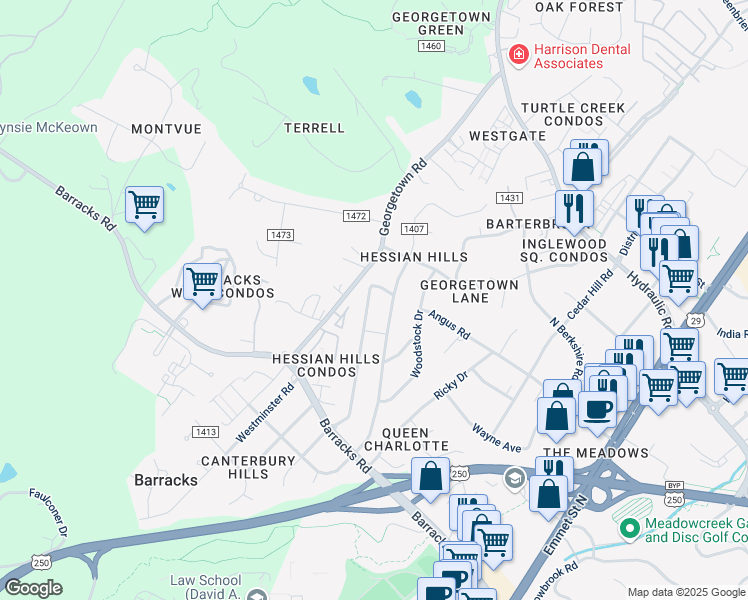 map of restaurants, bars, coffee shops, grocery stores, and more near 2300 Summit Road in Charlottesville