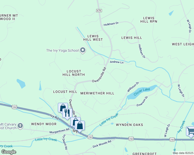 map of restaurants, bars, coffee shops, grocery stores, and more near 984 Owensville Road in Charlottesville