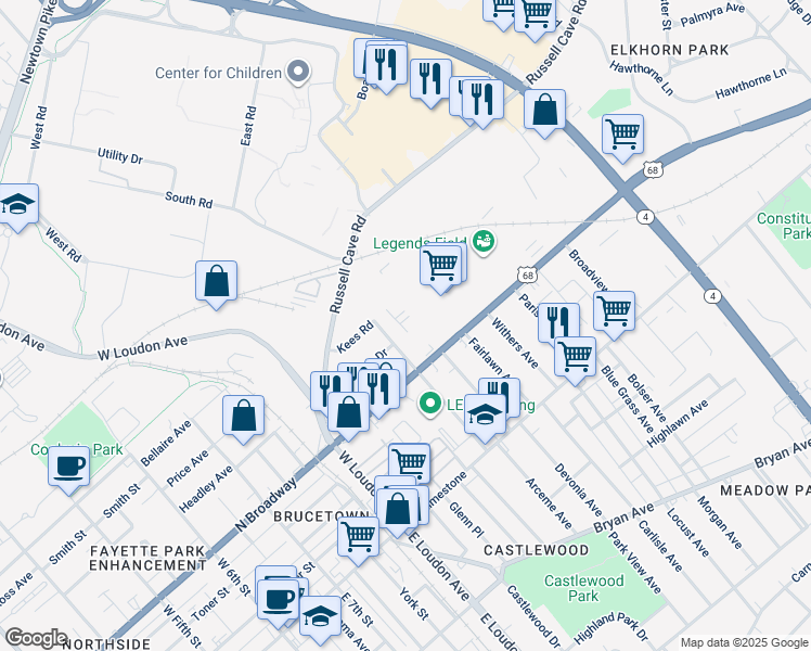 map of restaurants, bars, coffee shops, grocery stores, and more near 225 Twelfth Street in Lexington
