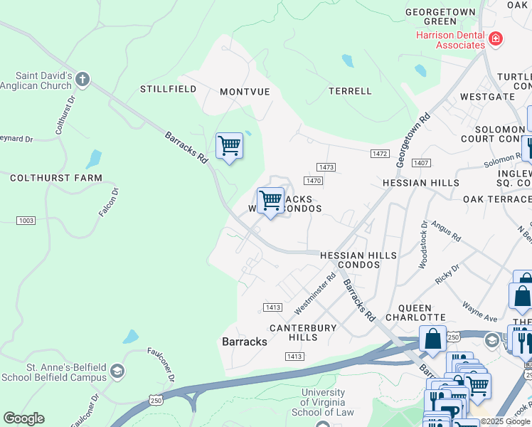 map of restaurants, bars, coffee shops, grocery stores, and more near Old Salem Drive in Charlottesville