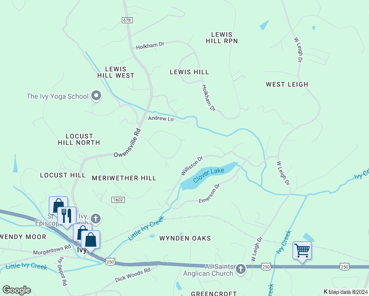 map of restaurants, bars, coffee shops, grocery stores, and more near 2510 Kimbrough Circle in Charlottesville