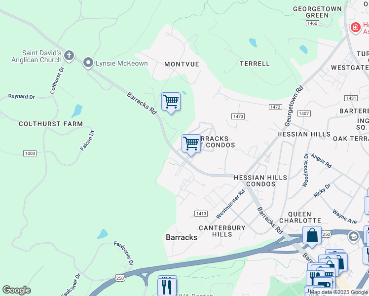 map of restaurants, bars, coffee shops, grocery stores, and more near 210 Saponi Lane in Charlottesville