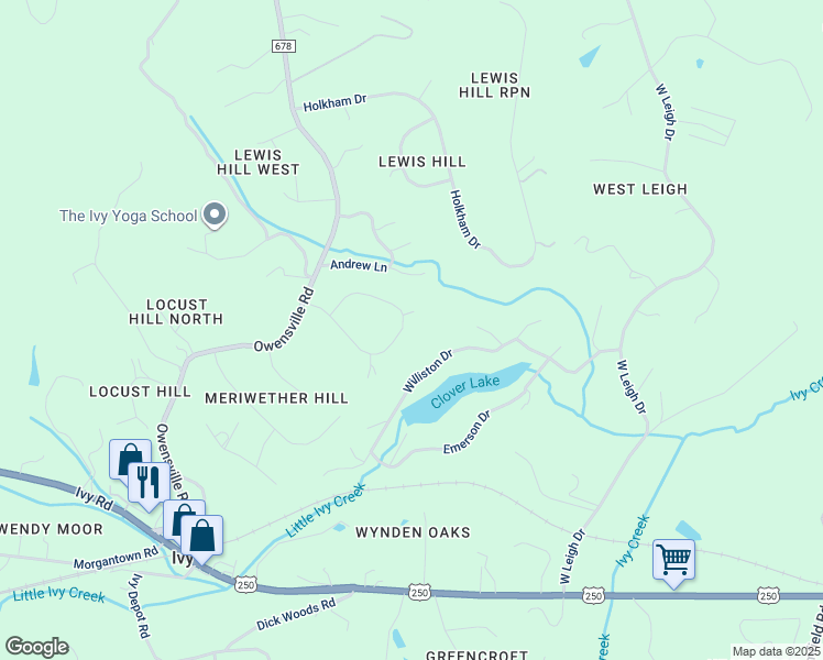 map of restaurants, bars, coffee shops, grocery stores, and more near 2510 Kimbrough Circle in Charlottesville