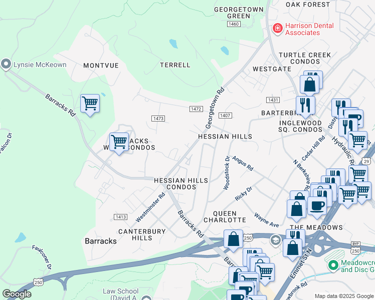 map of restaurants, bars, coffee shops, grocery stores, and more near 201 Greentree Park in Charlottesville