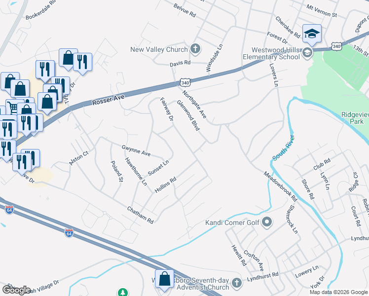 map of restaurants, bars, coffee shops, grocery stores, and more near 1065 Fairway Drive in Waynesboro