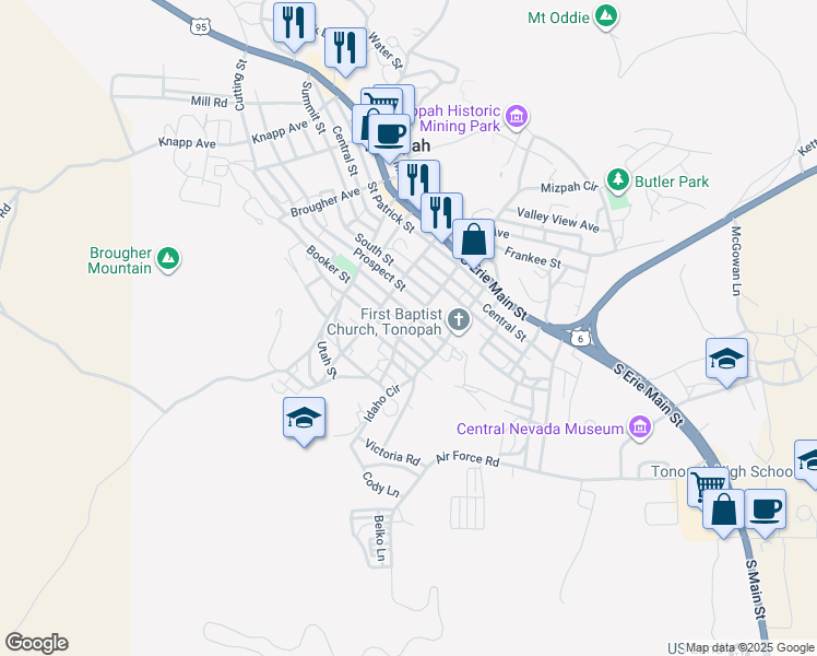 map of restaurants, bars, coffee shops, grocery stores, and more near Booker Street in Tonopah