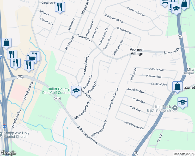 map of restaurants, bars, coffee shops, grocery stores, and more near 12428 Kingsley Drive in Louisville