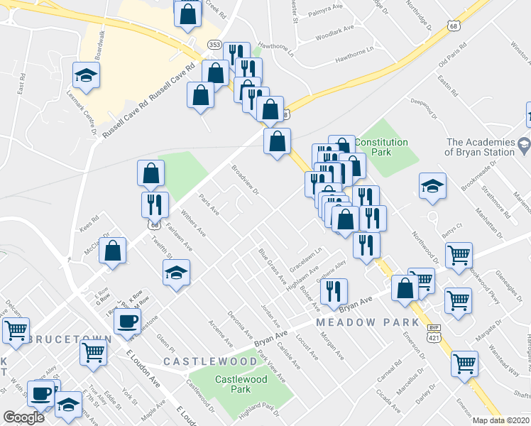 map of restaurants, bars, coffee shops, grocery stores, and more near 1425 North Limestone in Lexington