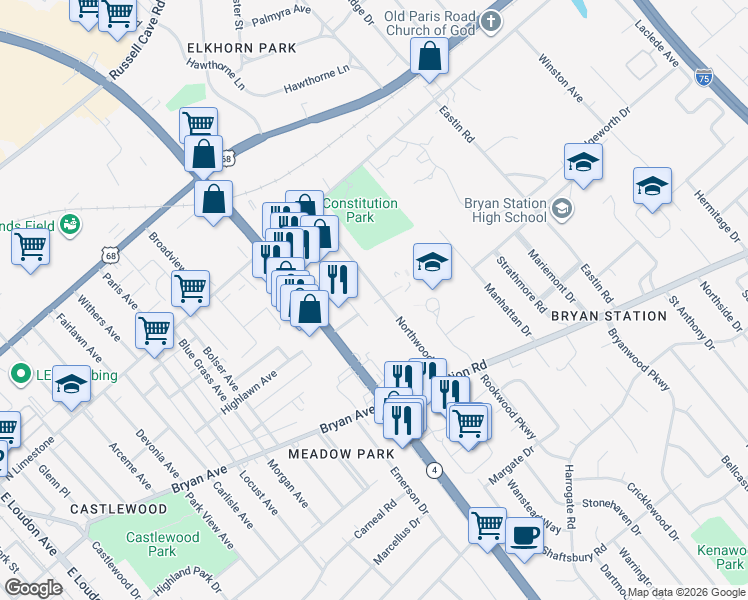 map of restaurants, bars, coffee shops, grocery stores, and more near 182 Northwood Drive in Lexington