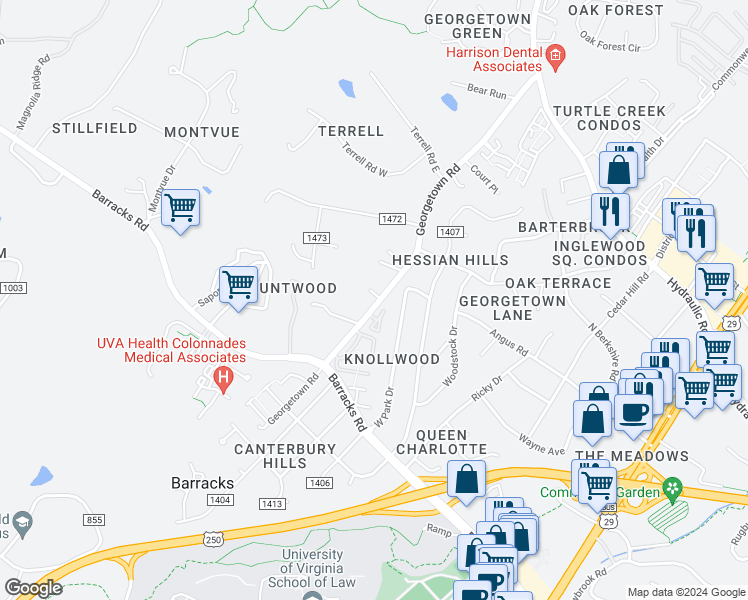 map of restaurants, bars, coffee shops, grocery stores, and more near 201 Greentree Park in Charlottesville