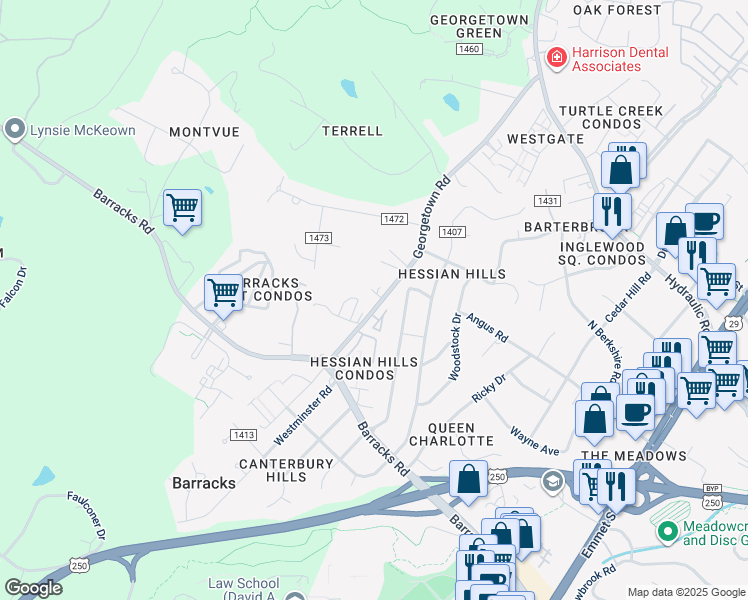map of restaurants, bars, coffee shops, grocery stores, and more near 203 Greentree Park in Charlottesville