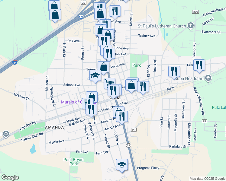map of restaurants, bars, coffee shops, grocery stores, and more near 201 North Franklin Street in Cuba