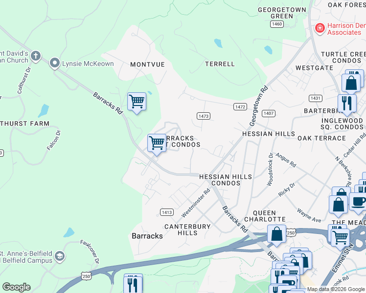 map of restaurants, bars, coffee shops, grocery stores, and more near 1016 Huntwood Lane in Charlottesville