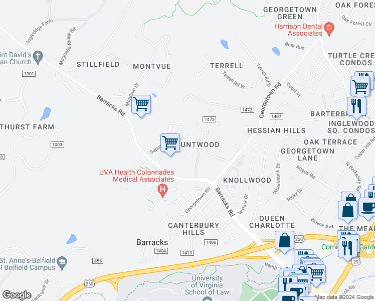 map of restaurants, bars, coffee shops, grocery stores, and more near 1016 Huntwood Lane in Charlottesville
