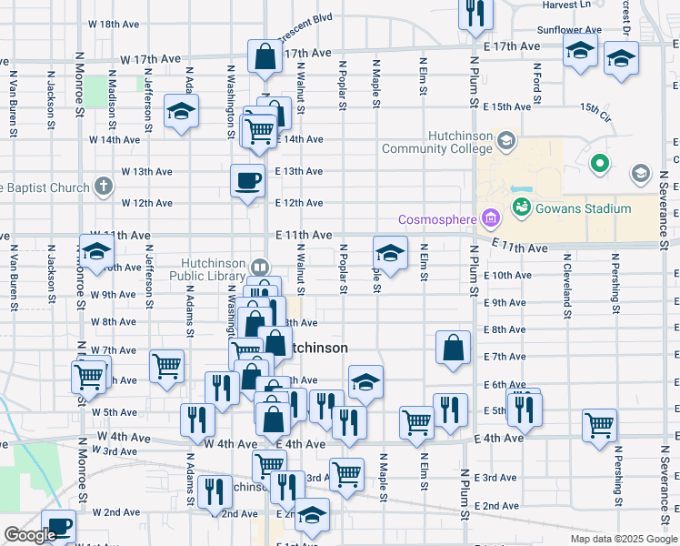 map of restaurants, bars, coffee shops, grocery stores, and more near 116 East 10th Avenue in Hutchinson