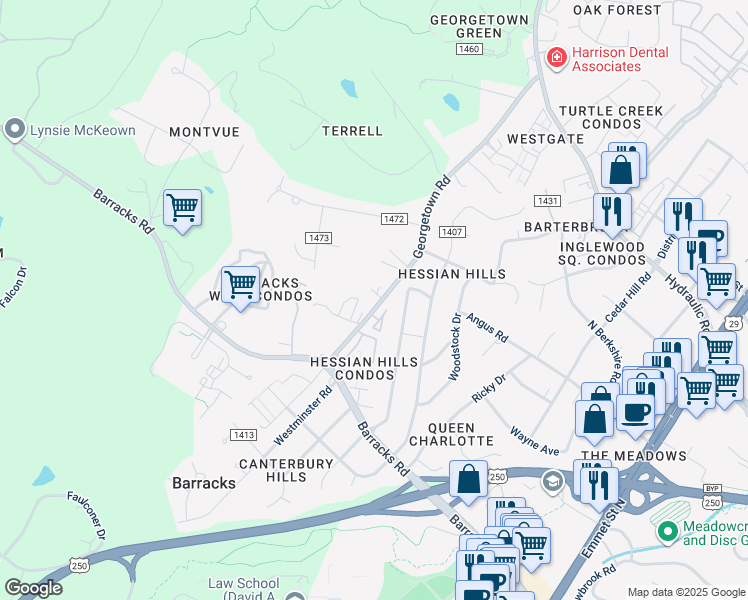 map of restaurants, bars, coffee shops, grocery stores, and more near 203 Greentree Park in Charlottesville