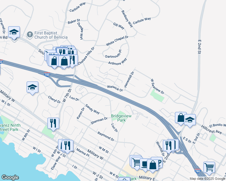 map of restaurants, bars, coffee shops, grocery stores, and more near 138 Warwick Drive in Benicia