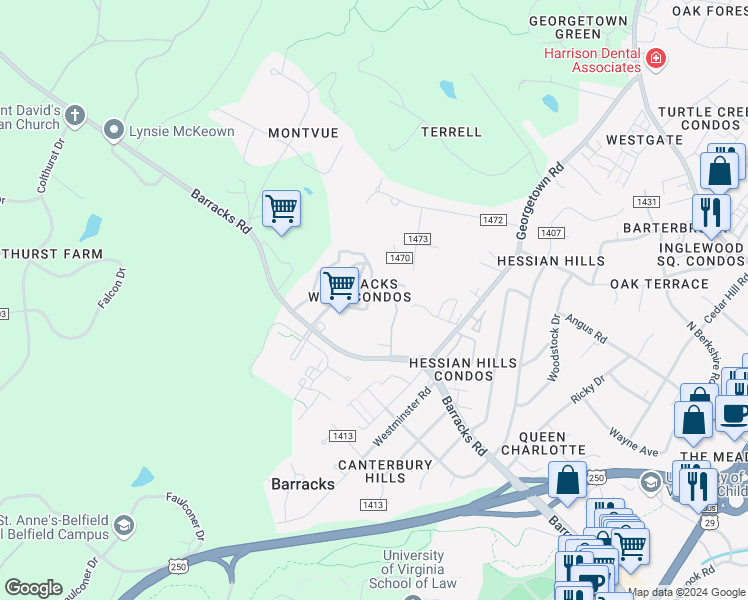 map of restaurants, bars, coffee shops, grocery stores, and more near 545 Burgoyne Road in Charlottesville