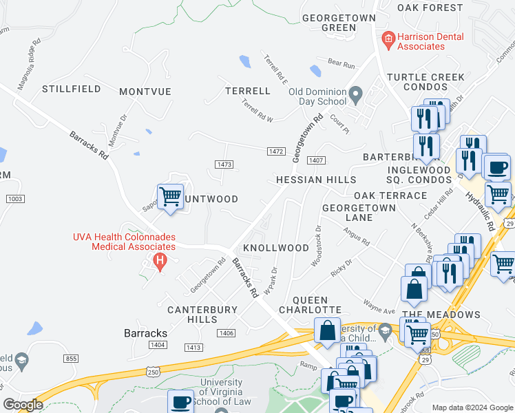map of restaurants, bars, coffee shops, grocery stores, and more near 207 Greentree Park in Charlottesville