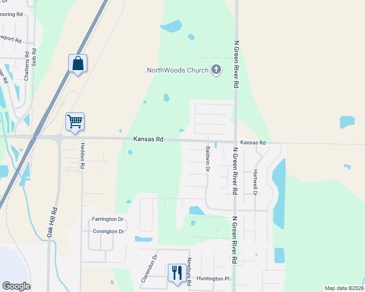 map of restaurants, bars, coffee shops, grocery stores, and more near 4095-4357 Kansas Road in Evansville