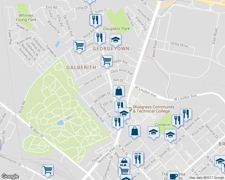 map of restaurants, bars, coffee shops, grocery stores, and more near 548 Georgetown Street in Lexington