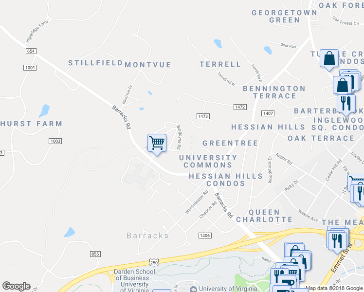 map of restaurants, bars, coffee shops, grocery stores, and more near 2695 Barracks Road in Charlottesville