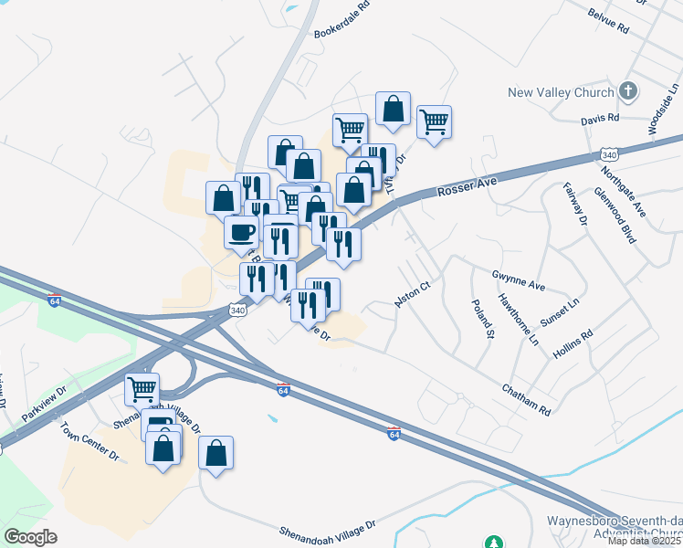 map of restaurants, bars, coffee shops, grocery stores, and more near 1930 Rosser Avenue in Waynesboro