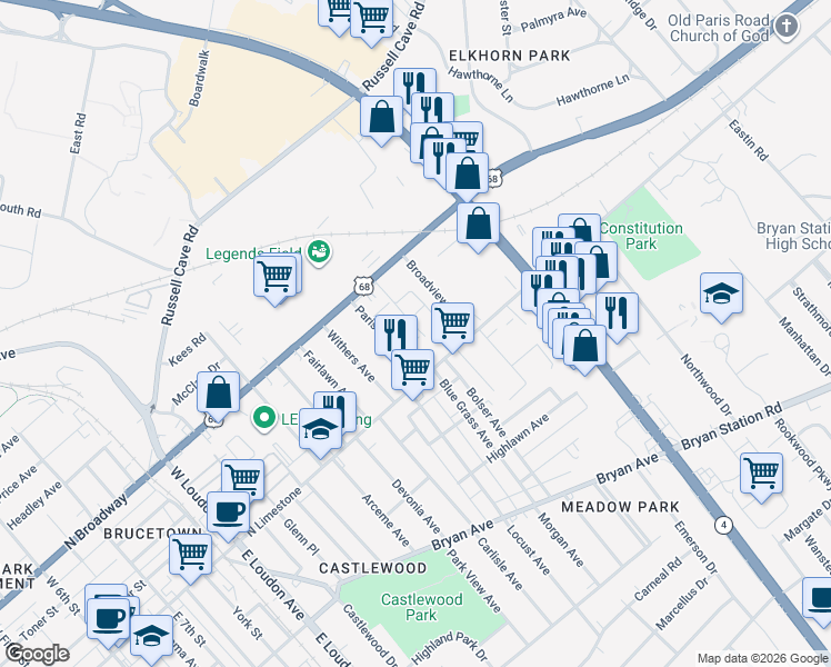 map of restaurants, bars, coffee shops, grocery stores, and more near 214 Broadview Drive in Lexington