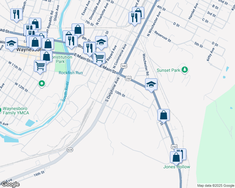 map of restaurants, bars, coffee shops, grocery stores, and more near 201 South Winchester Avenue in Waynesboro