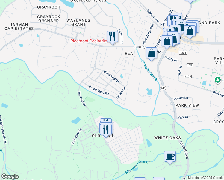 map of restaurants, bars, coffee shops, grocery stores, and more near 7130 Hampstead Drive in Crozet