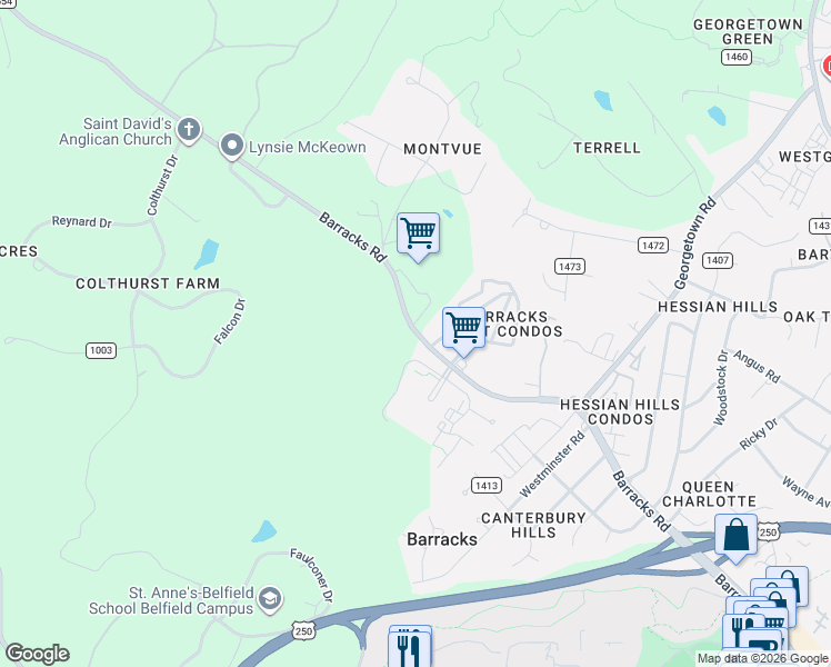 map of restaurants, bars, coffee shops, grocery stores, and more near 2639 Barracks Road in Charlottesville