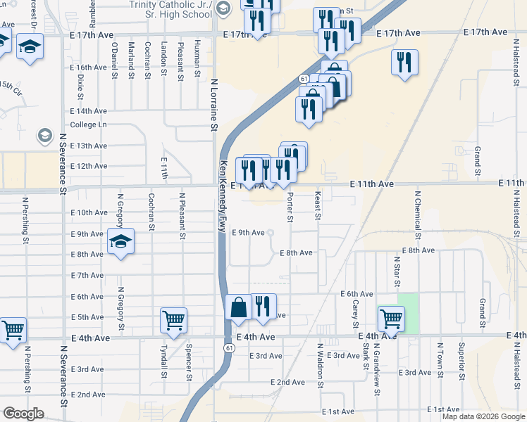 map of restaurants, bars, coffee shops, grocery stores, and more near 1415 Katie Drive in Hutchinson