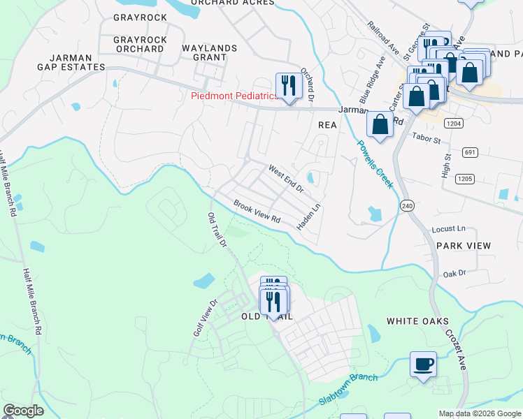 map of restaurants, bars, coffee shops, grocery stores, and more near 6960 Welbourne Lane in Crozet