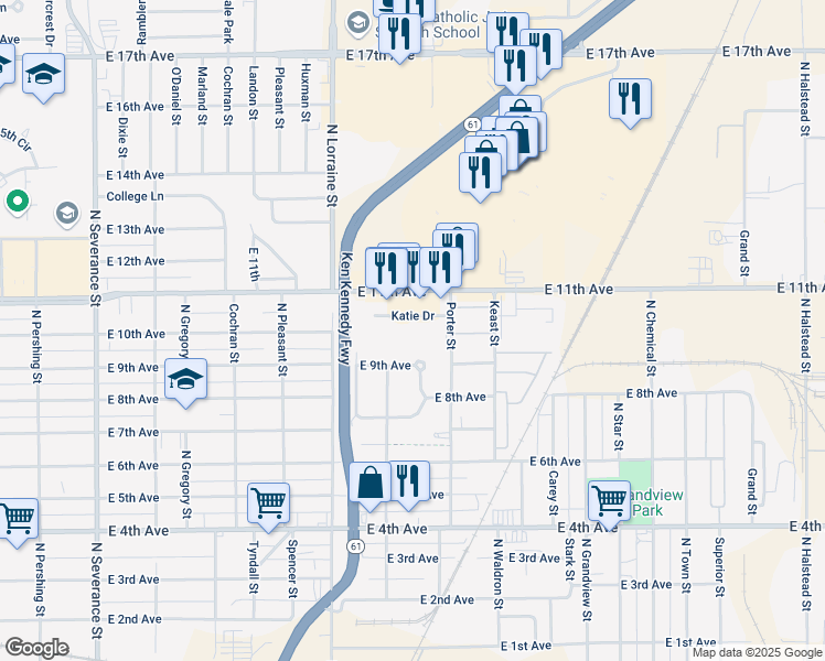 map of restaurants, bars, coffee shops, grocery stores, and more near 141101 Katie Drive in Hutchinson