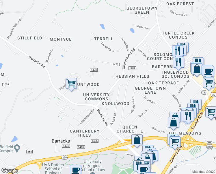 map of restaurants, bars, coffee shops, grocery stores, and more near 211 Greentree Park in Charlottesville
