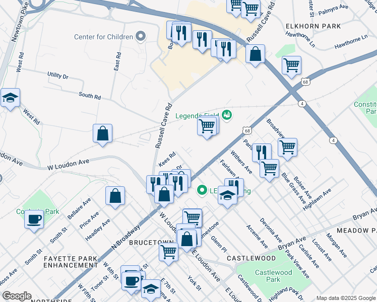 map of restaurants, bars, coffee shops, grocery stores, and more near 225 Twelfth Street in Lexington