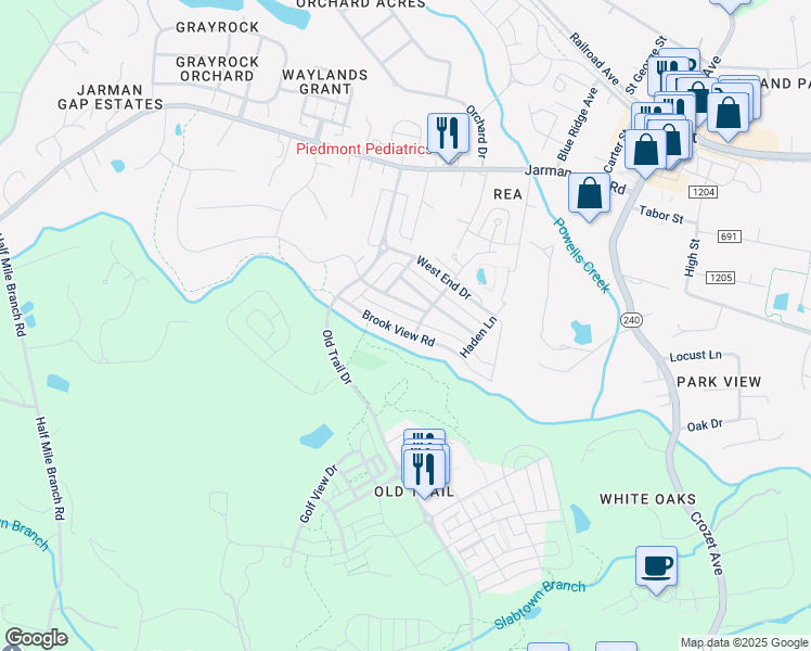 map of restaurants, bars, coffee shops, grocery stores, and more near 5071 Brook View Road in Crozet