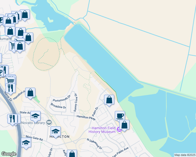 map of restaurants, bars, coffee shops, grocery stores, and more near Pizarro Ave & Magellan Ct in Novato