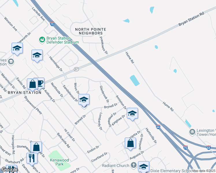map of restaurants, bars, coffee shops, grocery stores, and more near 520 Anniston Drive in Lexington
