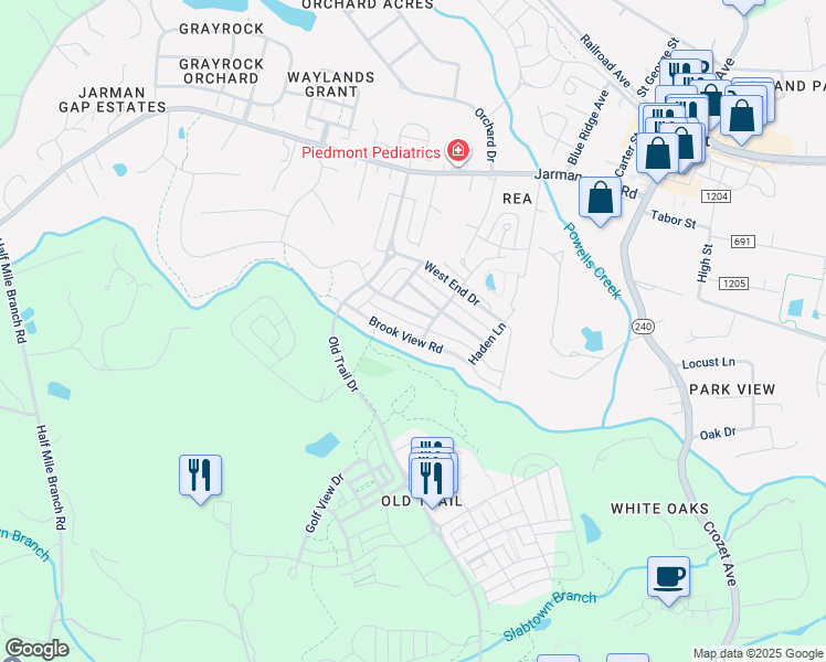 map of restaurants, bars, coffee shops, grocery stores, and more near 5071 Brook View Road in Crozet